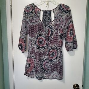 Fulltilt Women's Sheer Boho Blouse with Lacey Inset Peekaboo Back Sz Small.